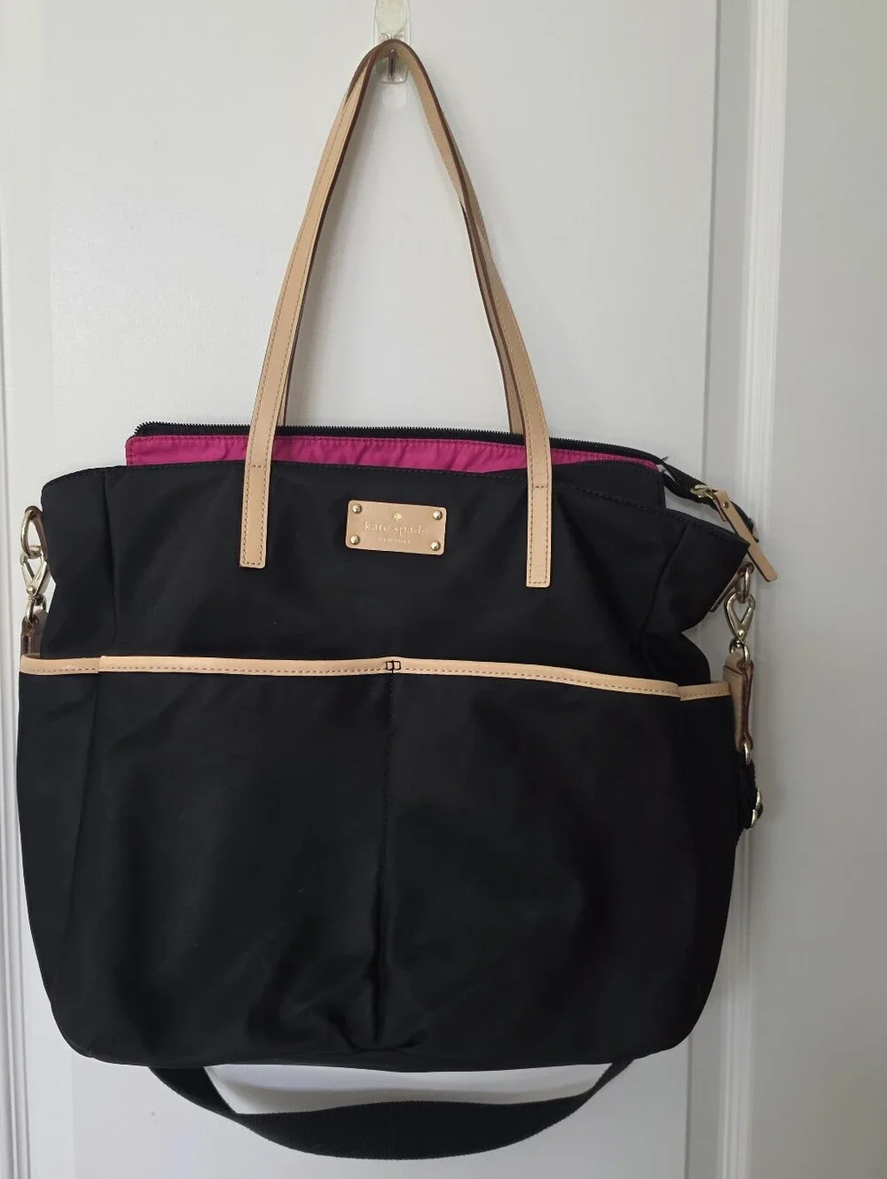Kate Spade Black And Pink Nylon Tote Kennedy Park Honey Baby Bag Leather Straps